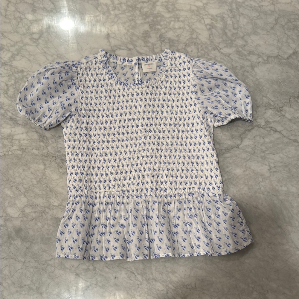 Crewcuts Blue and White Floral Dot Blouse with Puff Sleeves